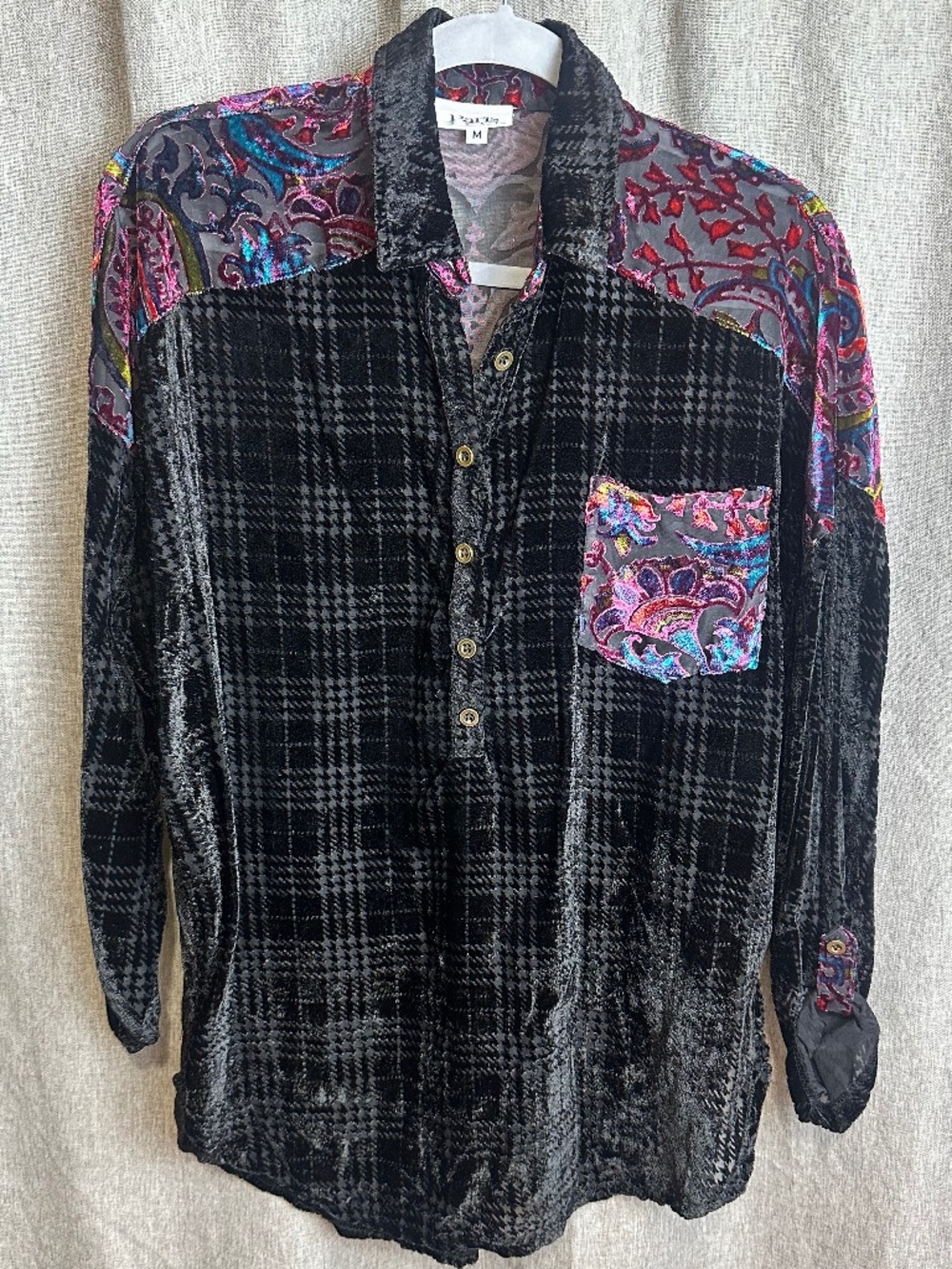 Paris Hues Mixed Media Black Velvet Plaid Blouse Patchwork Tapestry Yoke Size M